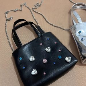 2024 Silver Leather Gemstone Underarm Bag with Diamond Embellishments & Rhinestone Phone Chain - Small Tote Shoulder Bag