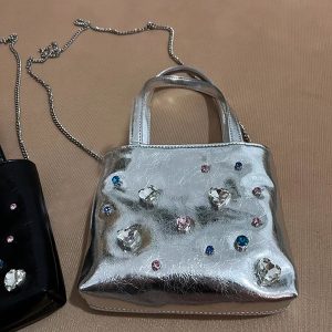 2024 Silver Leather Gemstone Underarm Bag with Diamond Embellishments & Rhinestone Phone Chain - Small Tote Shoulder Bag