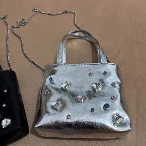 2024 Silver Leather Gemstone Underarm Bag with Diamond Embellishments & Rhinestone Phone Chain - Small Tote Shoulder Bag