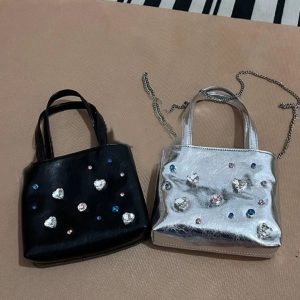 2024 Silver Leather Gemstone Underarm Bag with Diamond Embellishments & Rhinestone Phone Chain - Small Tote Shoulder Bag