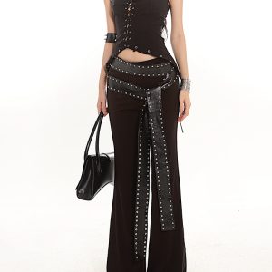 2024 Summer Heavyweight Spicy Girl Studded Waist Elastic Flare Casual Pants - Black Long Pants for Trendy Y2K Style