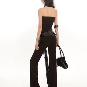 2024 Summer Heavyweight Spicy Girl Studded Waist Elastic Flare Casual Pants - Black Long Pants for Trendy Y2K Style