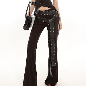 2024 Summer Heavyweight Spicy Girl Studded Waist Elastic Flare Casual Pants - Black Long Pants for Trendy Y2K Style
