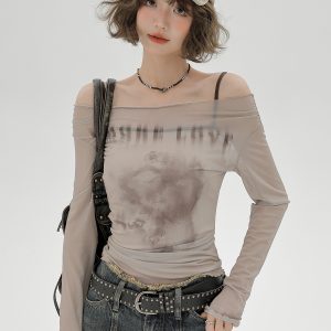 2024 Women's Mesh Long Sleeve Tank Top Two-Piece Set - American Style Slim Fit Sexy Fashion