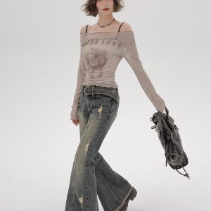 2024 Women's Mesh Long Sleeve Tank Top Two-Piece Set - American Style Slim Fit Sexy Fashion