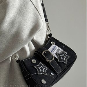 2024 Women's Vintage Denim Shoulder Bag with Chain, Button Detail, Crossbody Design - Trendy Underarm Handbag