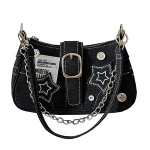 2024 Women's Vintage Denim Shoulder Bag with Chain, Button Detail, Crossbody Design - Trendy Underarm Handbag