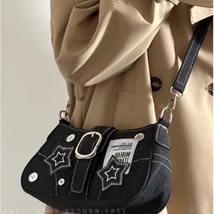2024 Women's Vintage Denim Shoulder Bag with Chain, Button Detail, Crossbody Design - Trendy Underarm Handbag