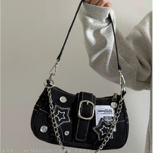 2024 Women's Vintage Denim Shoulder Bag with Chain, Button Detail, Crossbody Design - Trendy Underarm Handbag