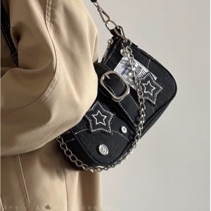 2024 Women's Vintage Denim Shoulder Bag with Chain, Button Detail, Crossbody Design - Trendy Underarm Handbag