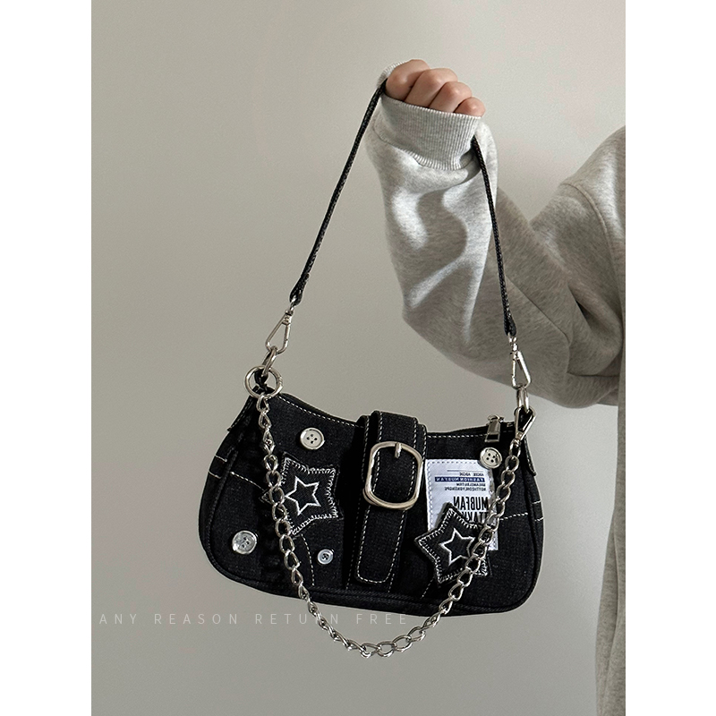 2024 Women's Vintage Denim Shoulder Bag with Chain, Button Detail, Crossbody Design - Trendy Underarm Handbag