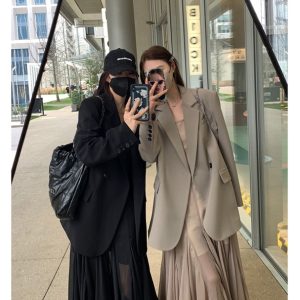 2025 Autumn Women's Oversized Black Suit Jacket, Casual Loose Blazer, Slimming Design for Stylish Fall Looks