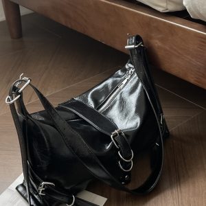 2025 Black Soft Leather Large Capacity Casual Tote Bag for Women - Korean Style Fashion Shoulder and Crossbody Bag