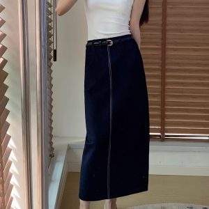 2025 Cowboy Split Long Skirt for Women, Elegant High Waist Plus Size Commuter Skirt, Straight Half Design, Wrinkle-Resistant with Belt