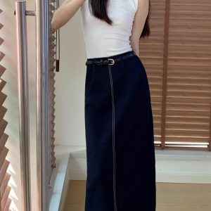 2025 Cowboy Split Long Skirt for Women, Elegant High Waist Plus Size Commuter Skirt, Straight Half Design, Wrinkle-Resistant with Belt
