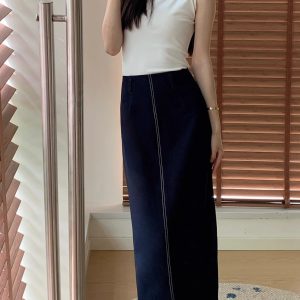 2025 Cowboy Split Long Skirt for Women, Elegant High Waist Plus Size Commuter Skirt, Straight Half Design, Wrinkle-Resistant with Belt