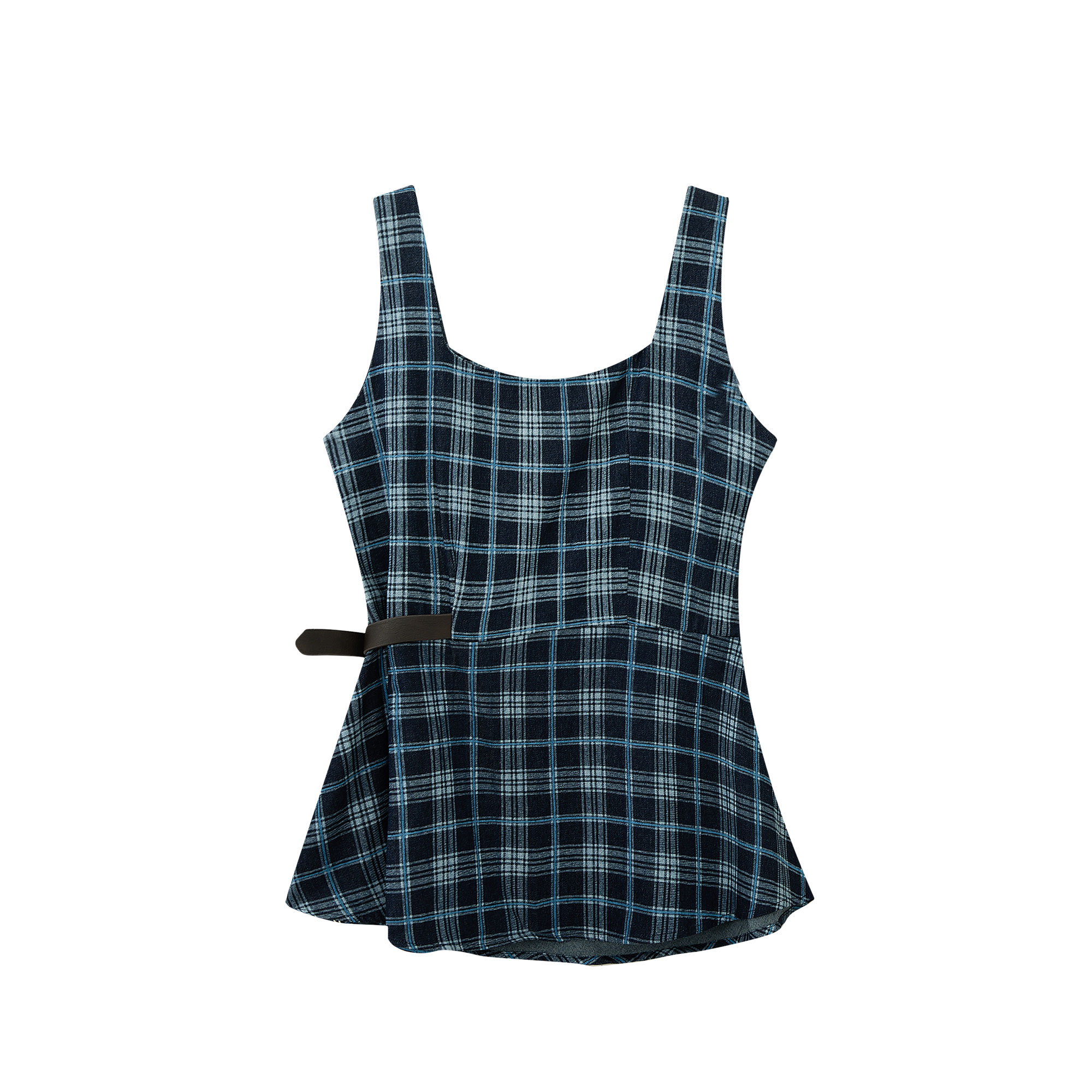 2025 Cowboy Style Dark Blue Denim Plaid Sleeveless Top with Belted Waist for a Slimming Fit