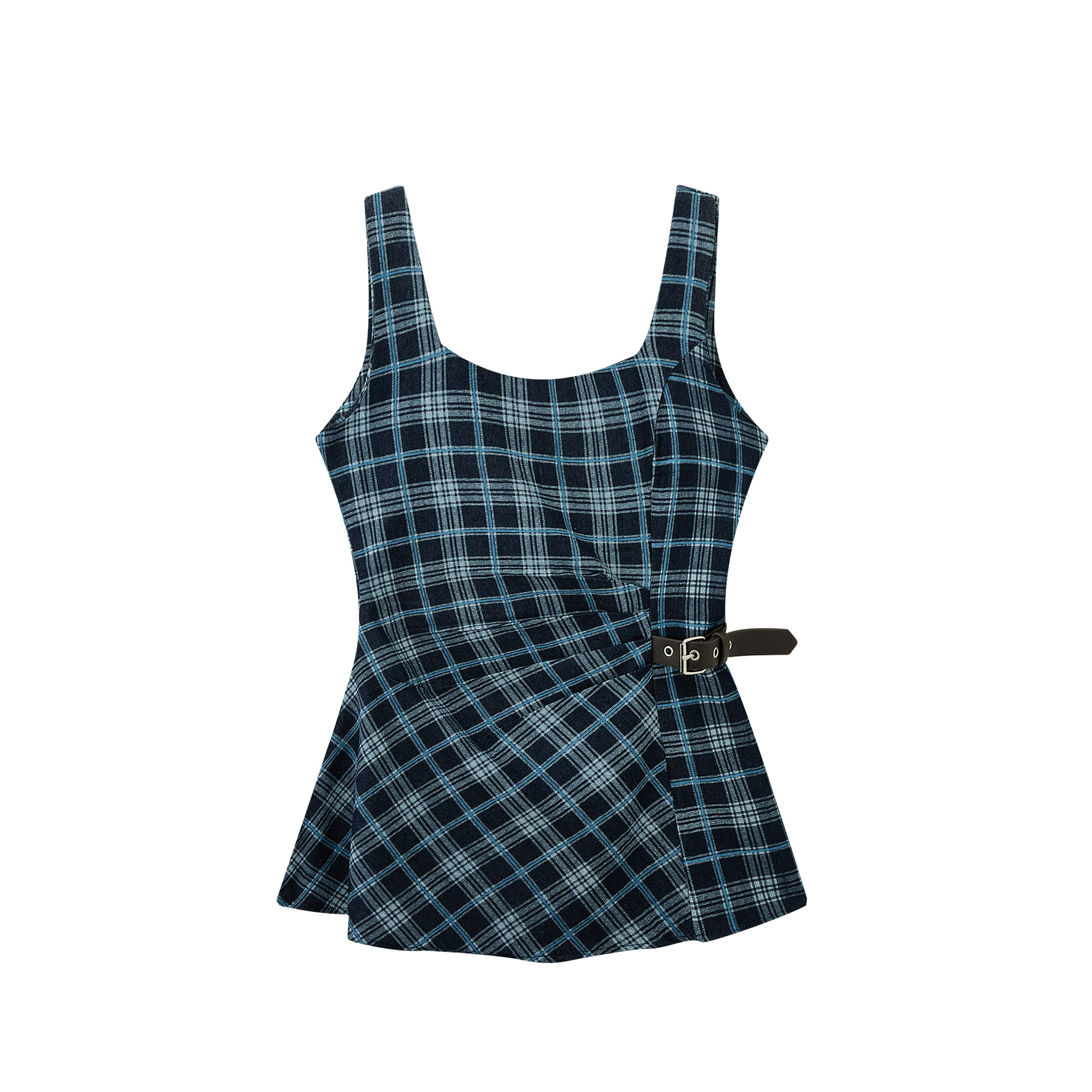 2025 Cowboy Style Dark Blue Denim Plaid Sleeveless Top with Belted Waist for a Slimming Fit