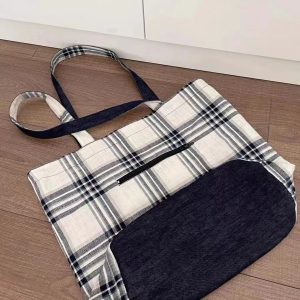 2025 Denim Plaid Spliced Tote Shoulder Bag, Large Capacity Versatile Commute Handbag for Everyday Use