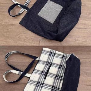 2025 Denim Plaid Spliced Tote Shoulder Bag, Large Capacity Versatile Commute Handbag for Everyday Use