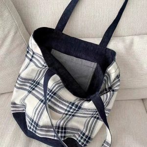 2025 Denim Plaid Spliced Tote Shoulder Bag, Large Capacity Versatile Commute Handbag for Everyday Use