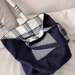 2025 Denim Plaid Spliced Tote Shoulder Bag, Large Capacity Versatile Commute Handbag for Everyday Use