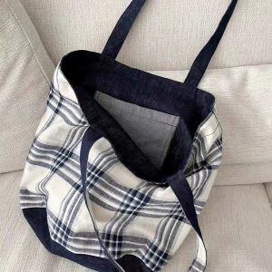 2025 Denim Plaid Spliced Tote Shoulder Bag, Large Capacity Versatile Commute Handbag for Everyday Use