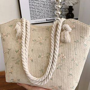 2025 Large Capacity Woven Straw Tote Bag for Women - Stylish Summer Shoulder Bag, Versatile Commuter Design with Rope Detail