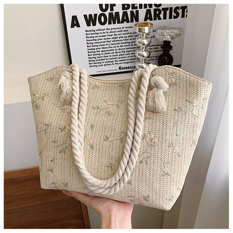 2025 Large Capacity Woven Straw Tote Bag for Women - Stylish Summer Shoulder Bag, Versatile Commuter Design with Rope Detail