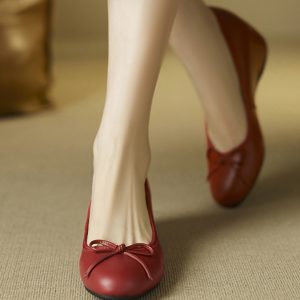 2025 New Spring Summer Women's Red Wedge Heels - First Layer Cowhide, Height-Increasing Shallow Mouth Design