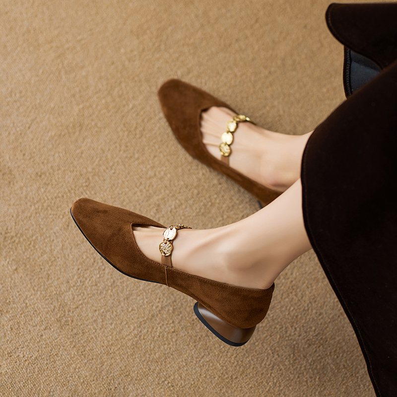 2025 New Women's Genuine Leather Square Toe Mary Jane Flats with Coin Chain - Comfortable Low Heel Versatile Shoes