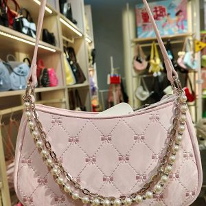2025 Pink Butterfly Baguette Bag for Women - Pearl Metal Chain, Diamond Pattern, Casual Underarm & Crossbody Style