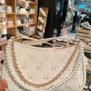 2025 Pink Butterfly Baguette Bag for Women - Pearl Metal Chain, Diamond Pattern, Casual Underarm & Crossbody Style