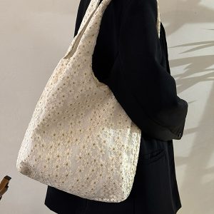 2025 Small Daisy Lace Canvas Shoulder Bag for Women, Large Capacity Niche Commuter Tote, Trendy Everyday Style