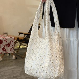 2025 Small Daisy Lace Canvas Shoulder Bag for Women, Large Capacity Niche Commuter Tote, Trendy Everyday Style