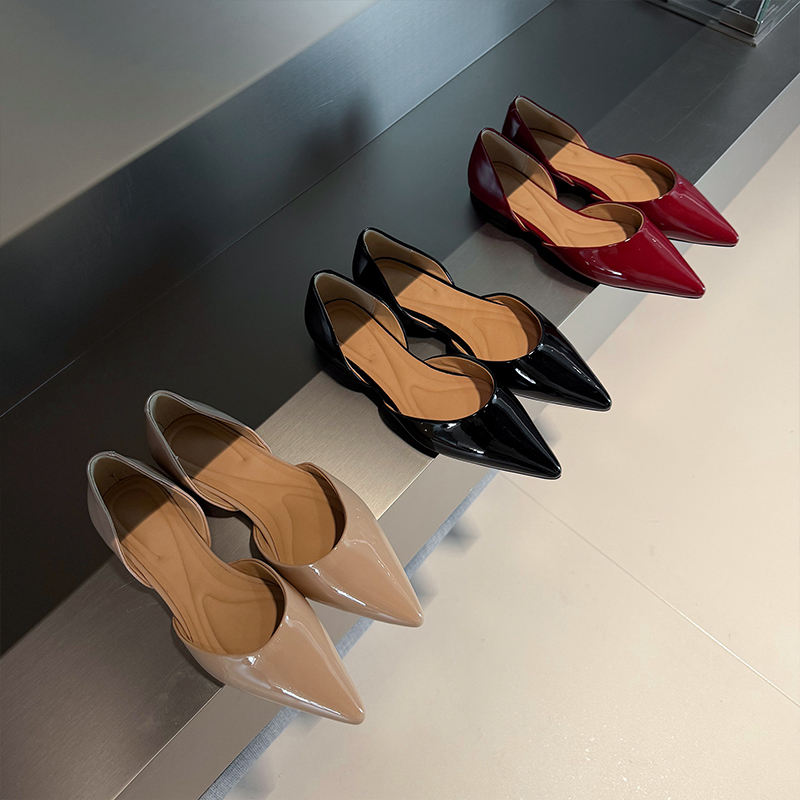 2025 Spring Handmade Genuine Leather Pointed Side Cutout Flat Shoes for Women - Sexy Korean Style Elegant Design
