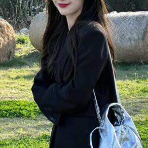 2025 Spring Oversized Black Blazer for Women, Casual Loose Fit Slimming Suit, Trendy High-End Jacket