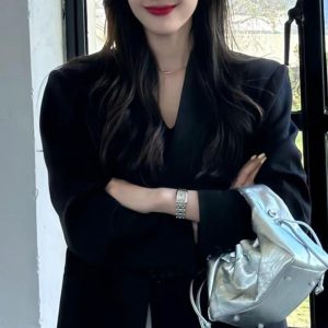 2025 Spring Oversized Black Blazer for Women, Casual Loose Fit Slimming Suit, Trendy High-End Jacket