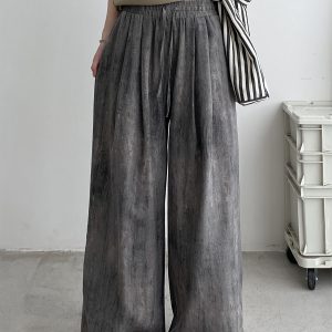 2025 Spring Summer Women's Wide-Leg Pants - Loose Fit, Thin, Slightly Wrinkled, Casual Smoke Color Grapefruit Design