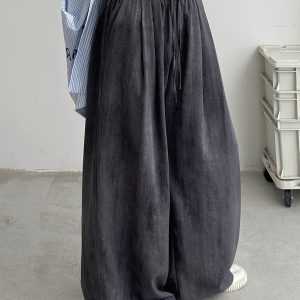 2025 Spring Summer Women's Wide-Leg Pants - Loose Fit, Thin, Slightly Wrinkled, Casual Smoke Color Grapefruit Design