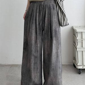 2025 Spring Summer Women's Wide-Leg Pants - Loose Fit, Thin, Slightly Wrinkled, Casual Smoke Color Grapefruit Design