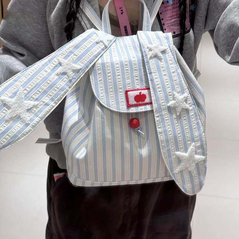 2025 Striped Rabbit Ear Backpack for Women, Large Capacity Commuter Tote Bag, Stylish Student School Bag