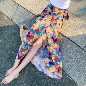 2025 Summer A-Line Floral Beach Skirt for Curvy Hips & Thighs - Irregular Long Design, Perfect for Boho and Y2K Styles