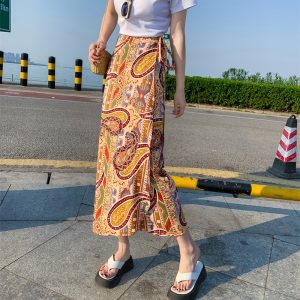 2025 Summer A-Line Floral Beach Skirt for Curvy Hips & Thighs - Irregular Long Design, Perfect for Boho and Y2K Styles