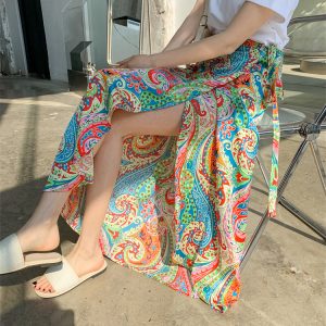 2025 Summer A-Line Floral Beach Skirt for Curvy Hips & Thighs - Irregular Long Design, Perfect for Boho and Y2K Styles