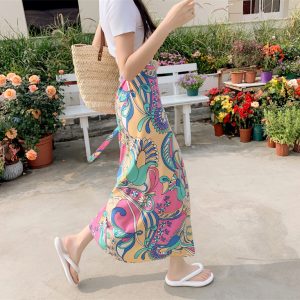 2025 Summer A-Line Floral Beach Skirt for Curvy Hips & Thighs - Irregular Long Design, Perfect for Boho and Y2K Styles