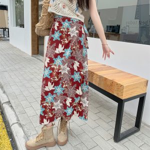 2025 Summer A-Line Floral Beach Skirt for Curvy Hips & Thighs - Irregular Long Design, Perfect for Boho and Y2K Styles