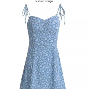 2025 Summer Blue Floral Dress for Petite Women - French-Style Vacation Short Dress