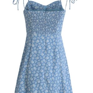 2025 Summer Blue Floral Dress for Petite Women - French-Style Vacation Short Dress