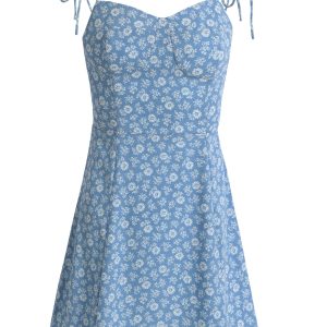 2025 Summer Blue Floral Dress for Petite Women - French-Style Vacation Short Dress